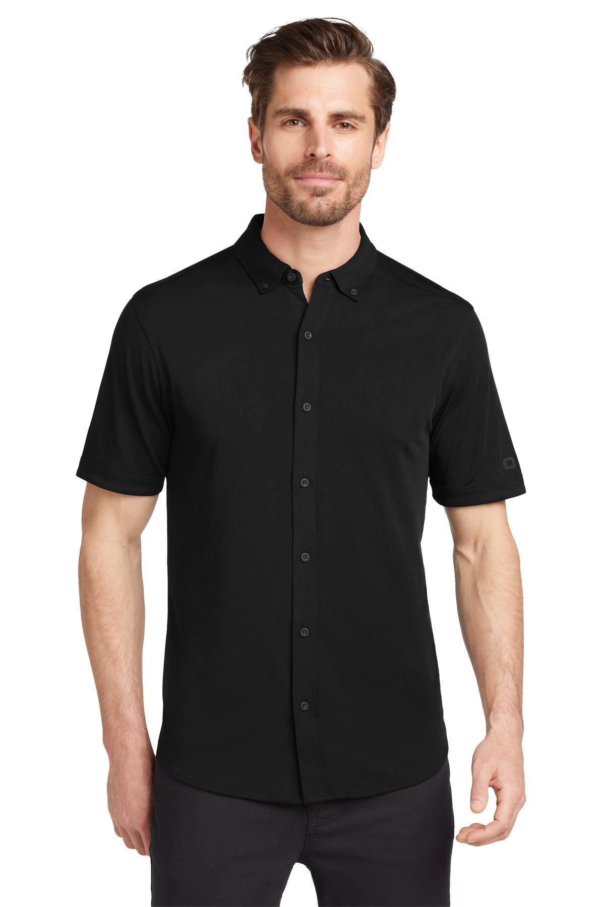 Front View of Blacktop OGIO Gravitate Full-Button Polo. OG141  - XS