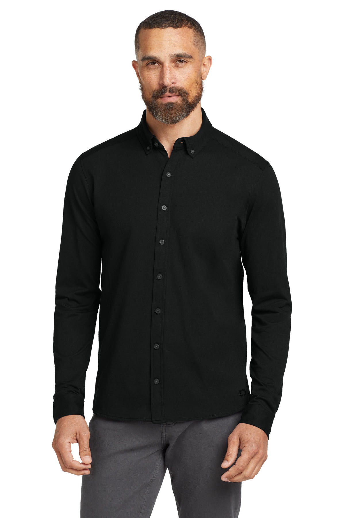 Front View of Blacktop OGIO Code Stretch Long Sleeve Button-Up. OG145  - XS