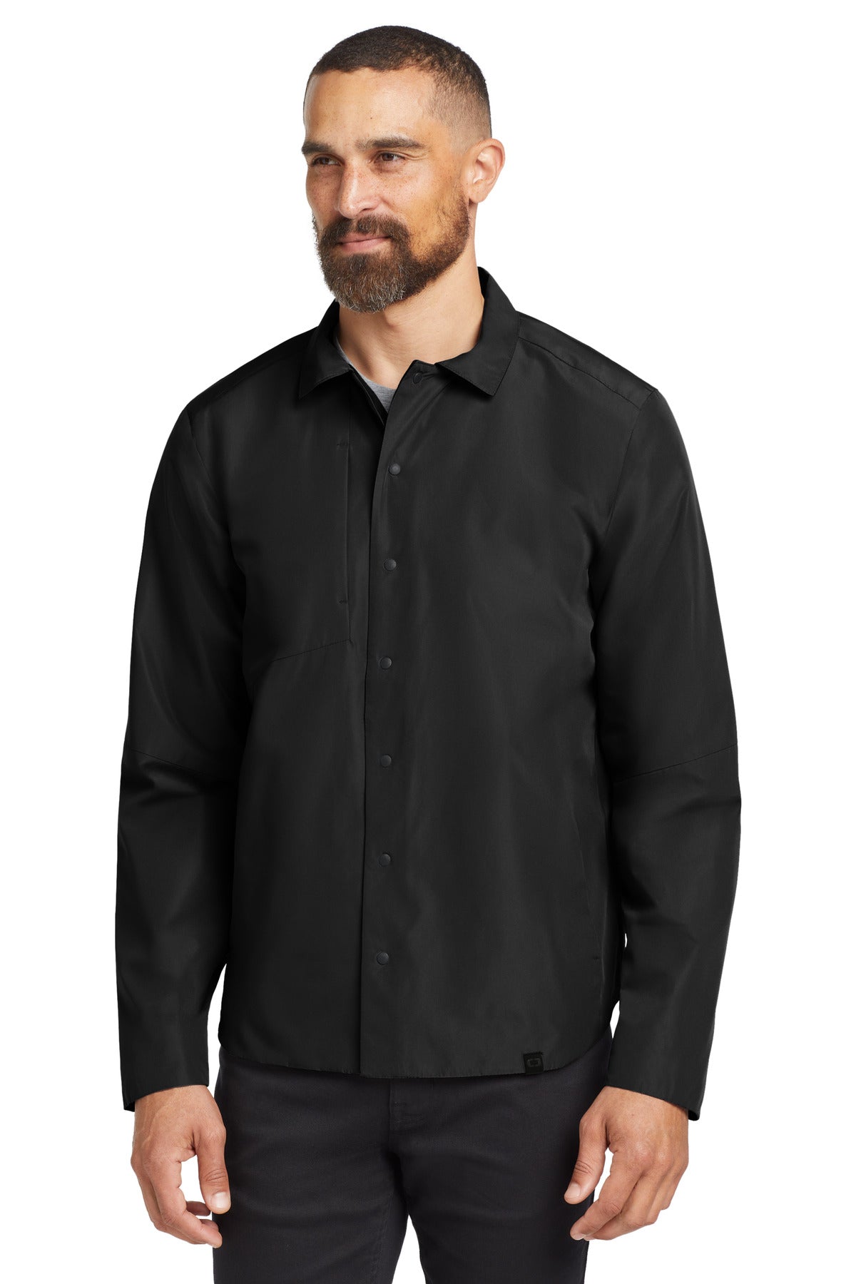Front View of Blacktop OGIO Reverse Shirt Jacket. OG754  - XS