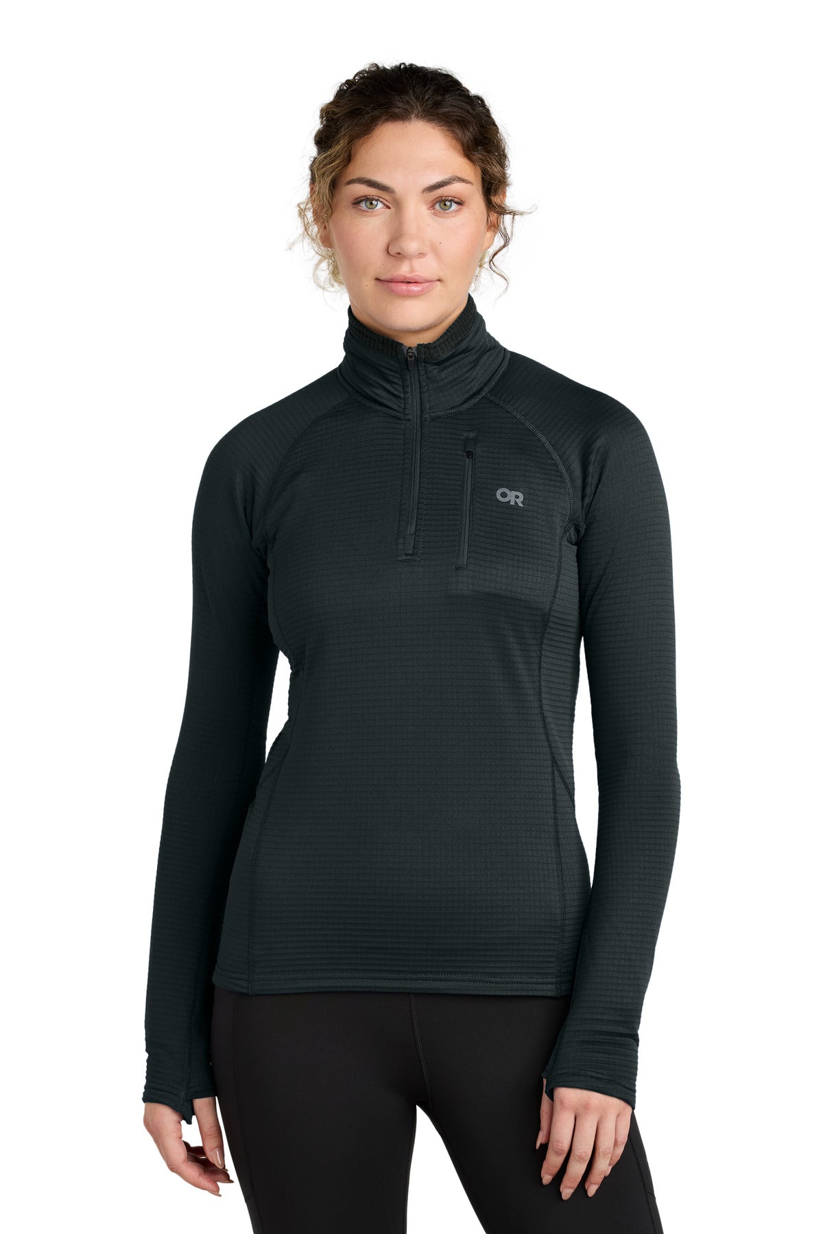 Front View of Black LIMITED EDITION Outdoor Research Women's Tech Grid 1/4-Zip Fleece OR322263  - S