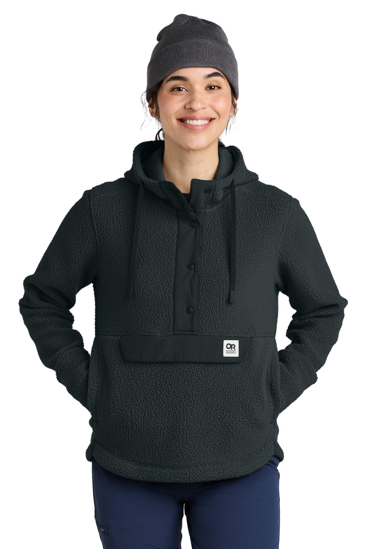 Front View of Black LIMITED EDITION Outdoor Research Women's Packwood Fleece Pullover Hoodie OR322268  - S