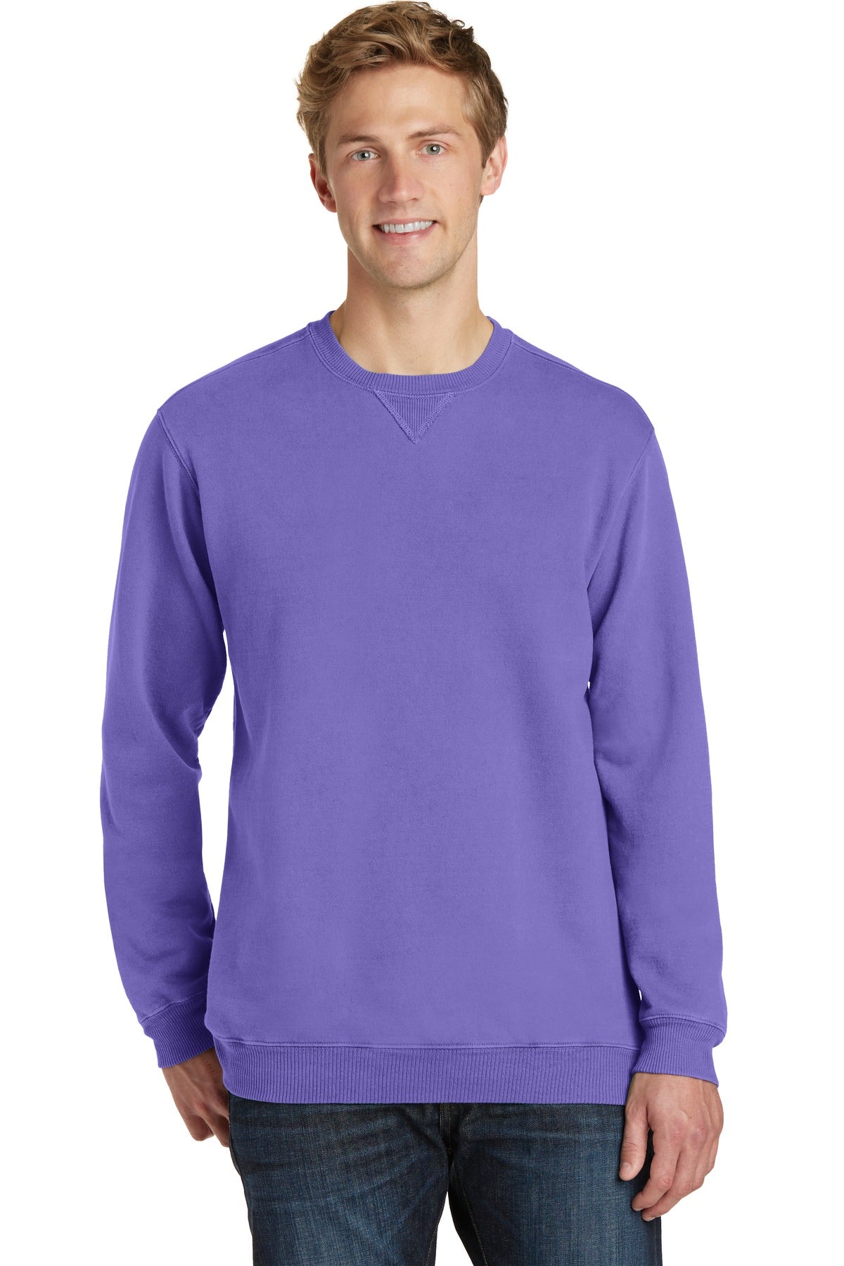 Front View of Amethyst Port & Co Beach Wash Garment-Dyed Crewneck Sweatshirt PC098  - S
