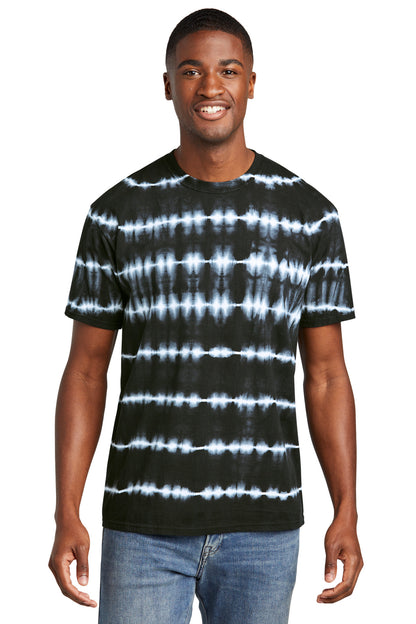 Front View of Blk/White Port & Co Allover Stripe Tie-Dye Tee PC142  - S