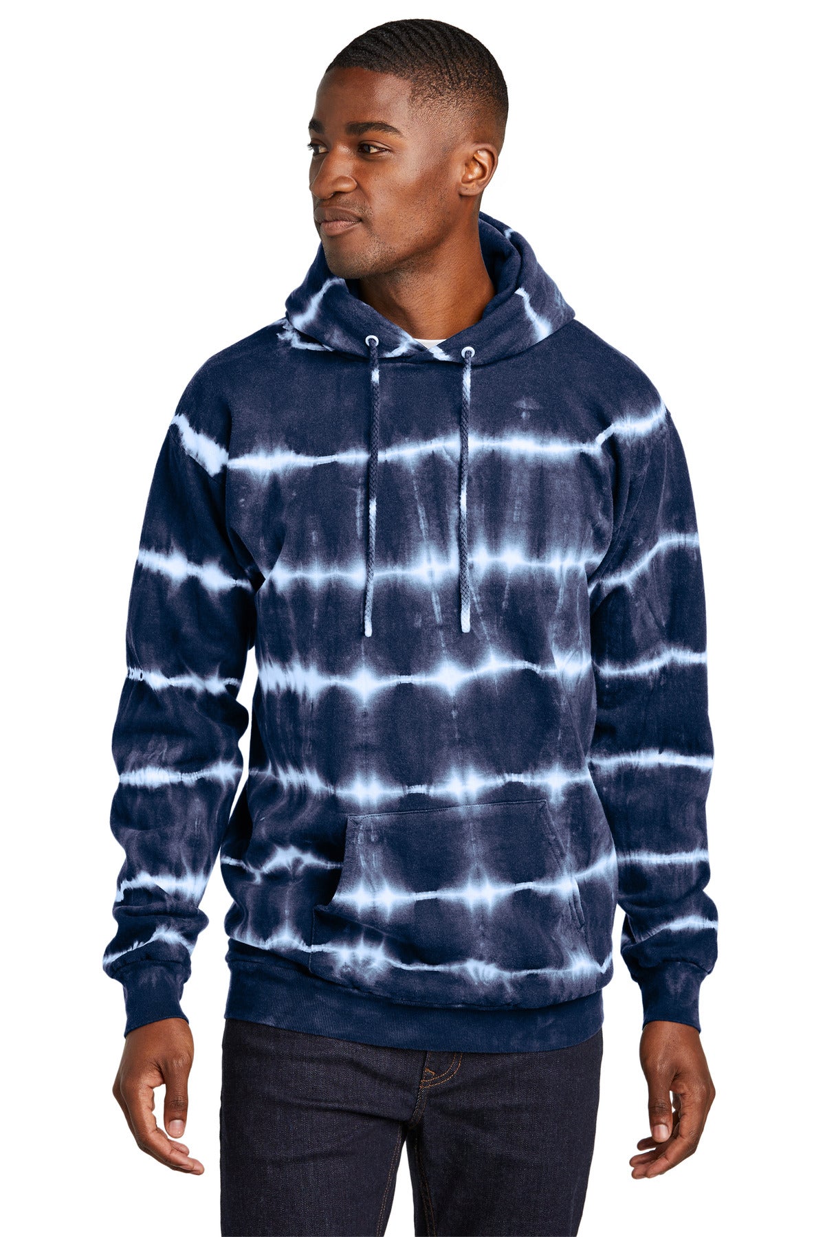 Front View of TrNv/White Port & Co Allover Stripe Tie-Dye Fleece PC143  - S