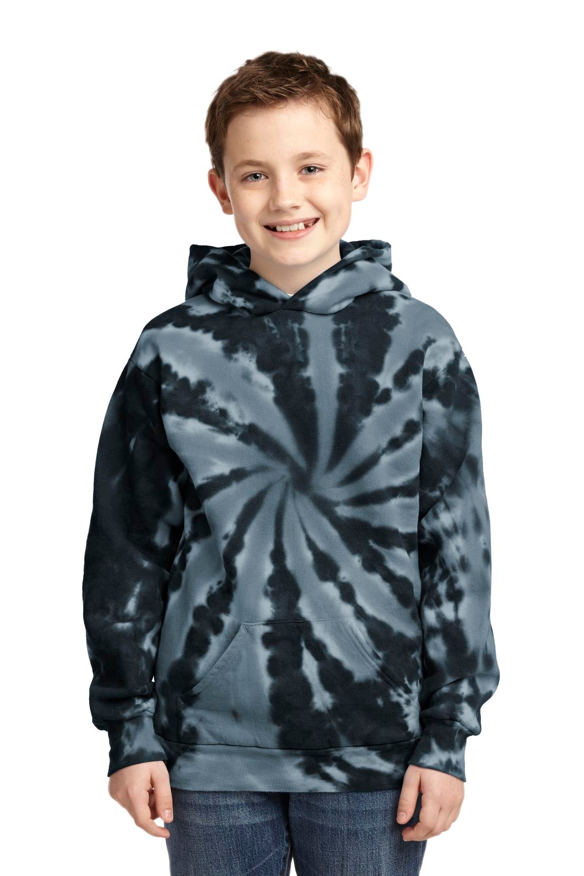 Front View of Black Port & Co Youth Tie-Dye Pullover Hooded Sweatshirt. PC146Y  - XS