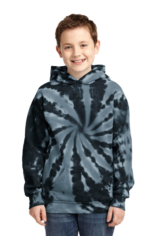 Front View of Black Port & Co Youth Tie-Dye Pullover Hooded Sweatshirt. PC146Y  - XS