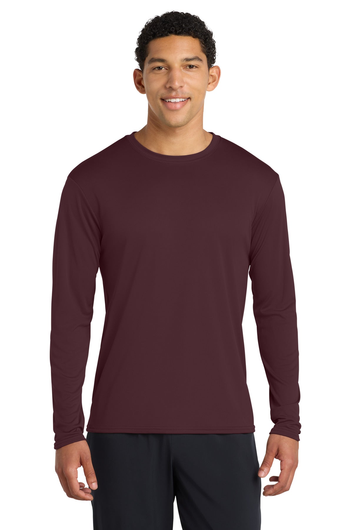 Front View of AthlMaroon Port & Co Long Sleeve Performance Tee. PC380LS  - S