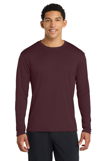 Front View of AthlMaroon Port & Co Long Sleeve Performance Tee. PC380LS  - S