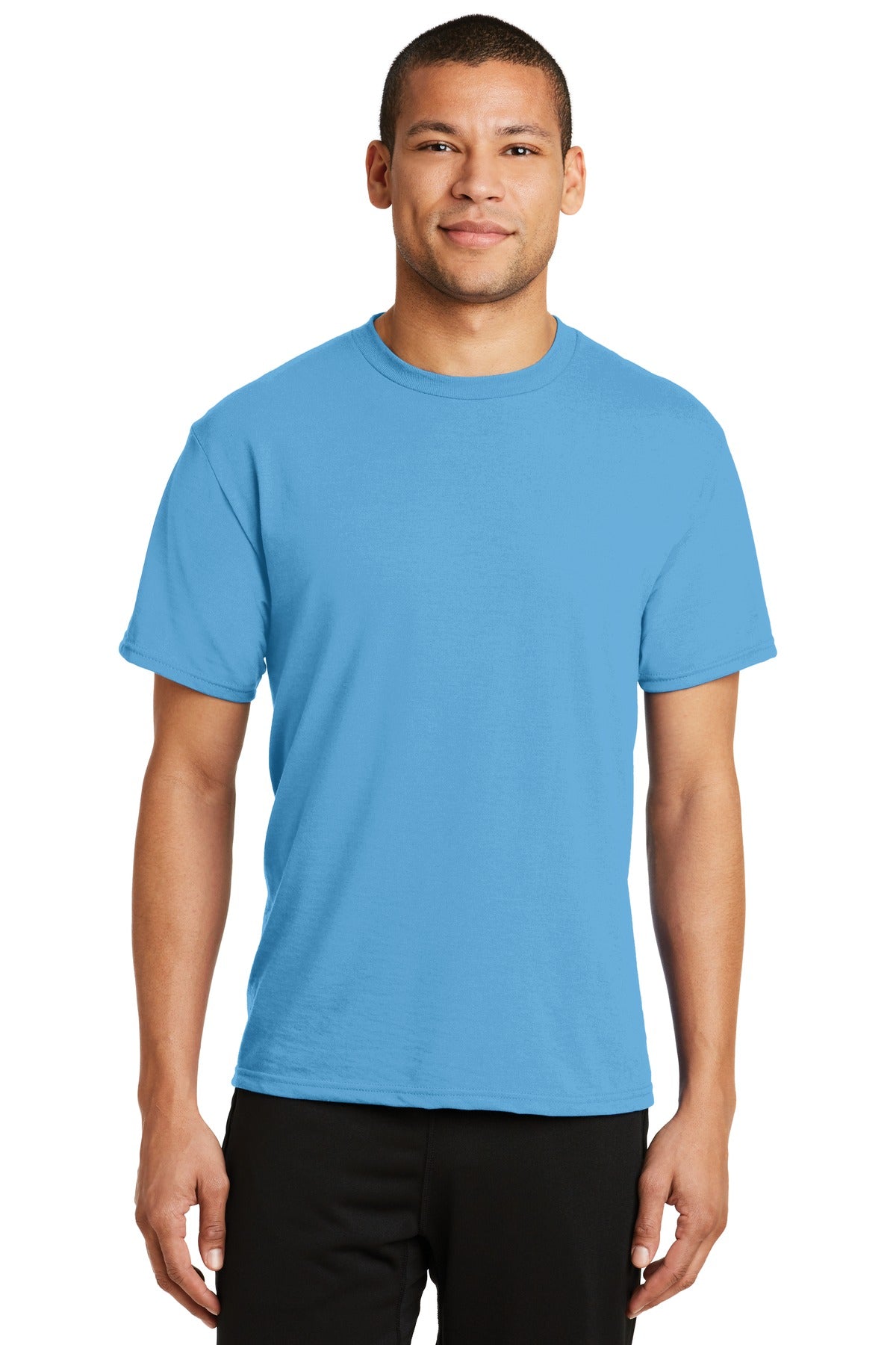 Front View of Aquatic Blue Port & Co Performance Blend Tee. PC381  - S