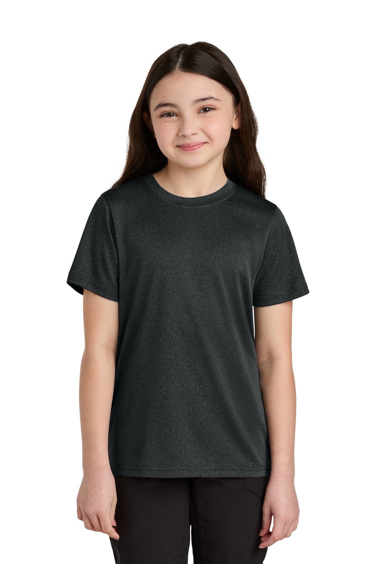 Front View of BlkHthr Port & Co Youth Heather Performance Tee PC390Y  - XS