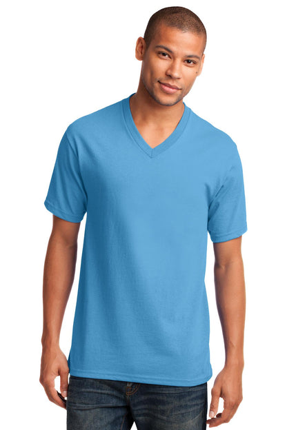 Front View of Aquatic Blue Port & Co Core Cotton V-Neck Tee. PC54V  - S
