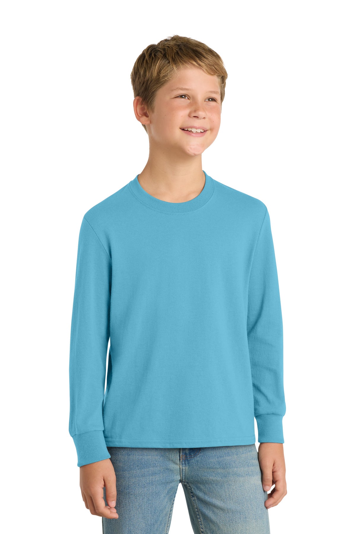 Front View of Aquatic Blue Port & Co Youth Long Sleeve Core Cotton Tee. PC54YLS  - XS