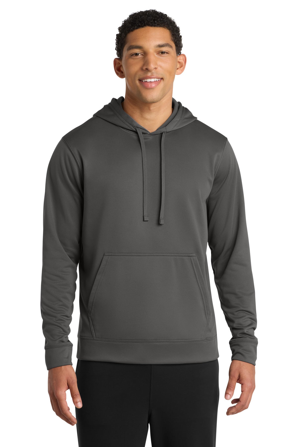 Front View of Charcoal Port & Co Performance Fleece Pullover Hooded Sweatshirt. PC590H  - S