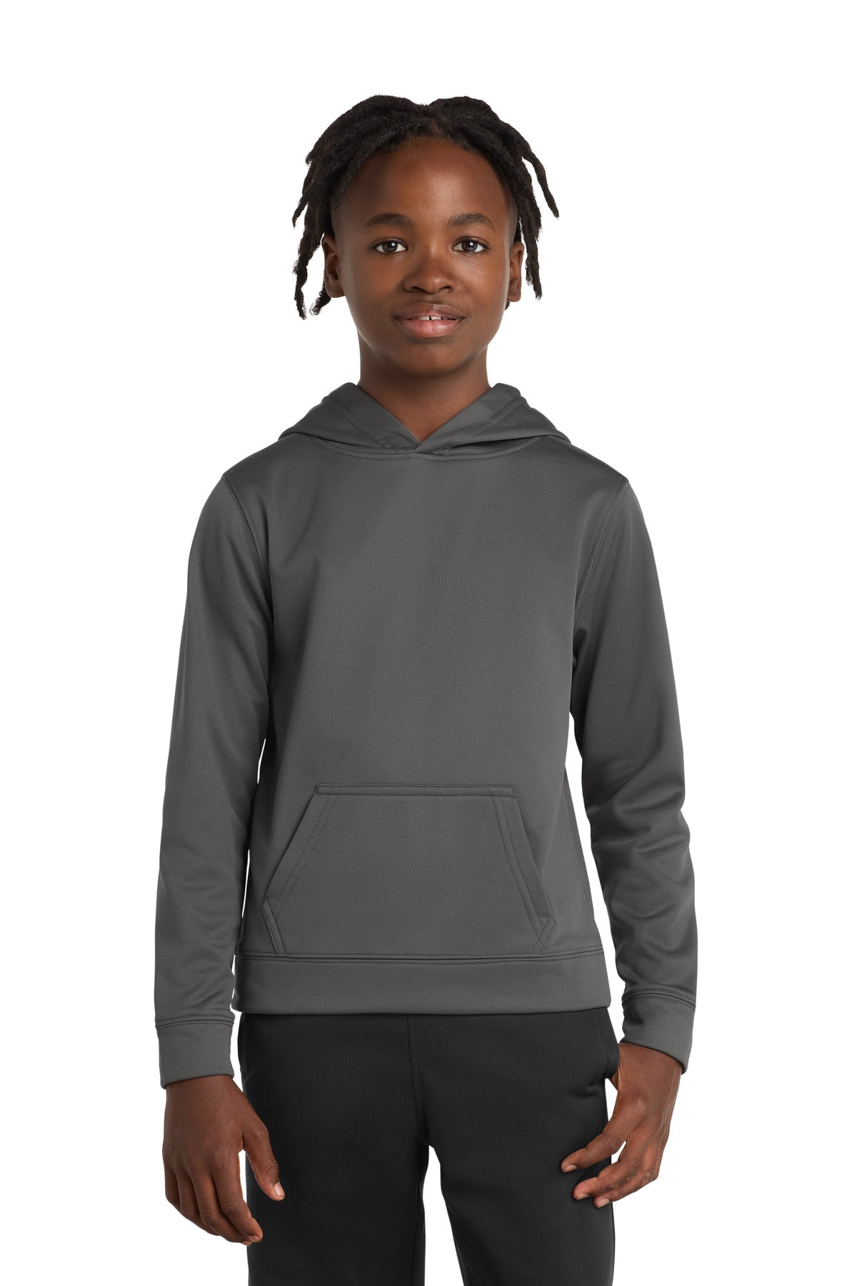 Front View of Charcoal Port & Co Youth Performance Fleece Pullover Hooded Sweatshirt. PC590YH  - XS