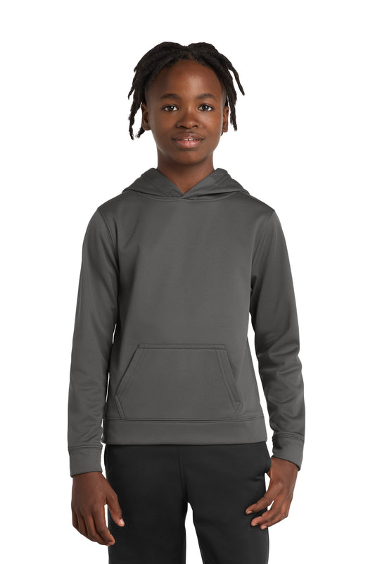 Front View of Charcoal Port & Co Youth Performance Fleece Pullover Hooded Sweatshirt. PC590YH  - XS