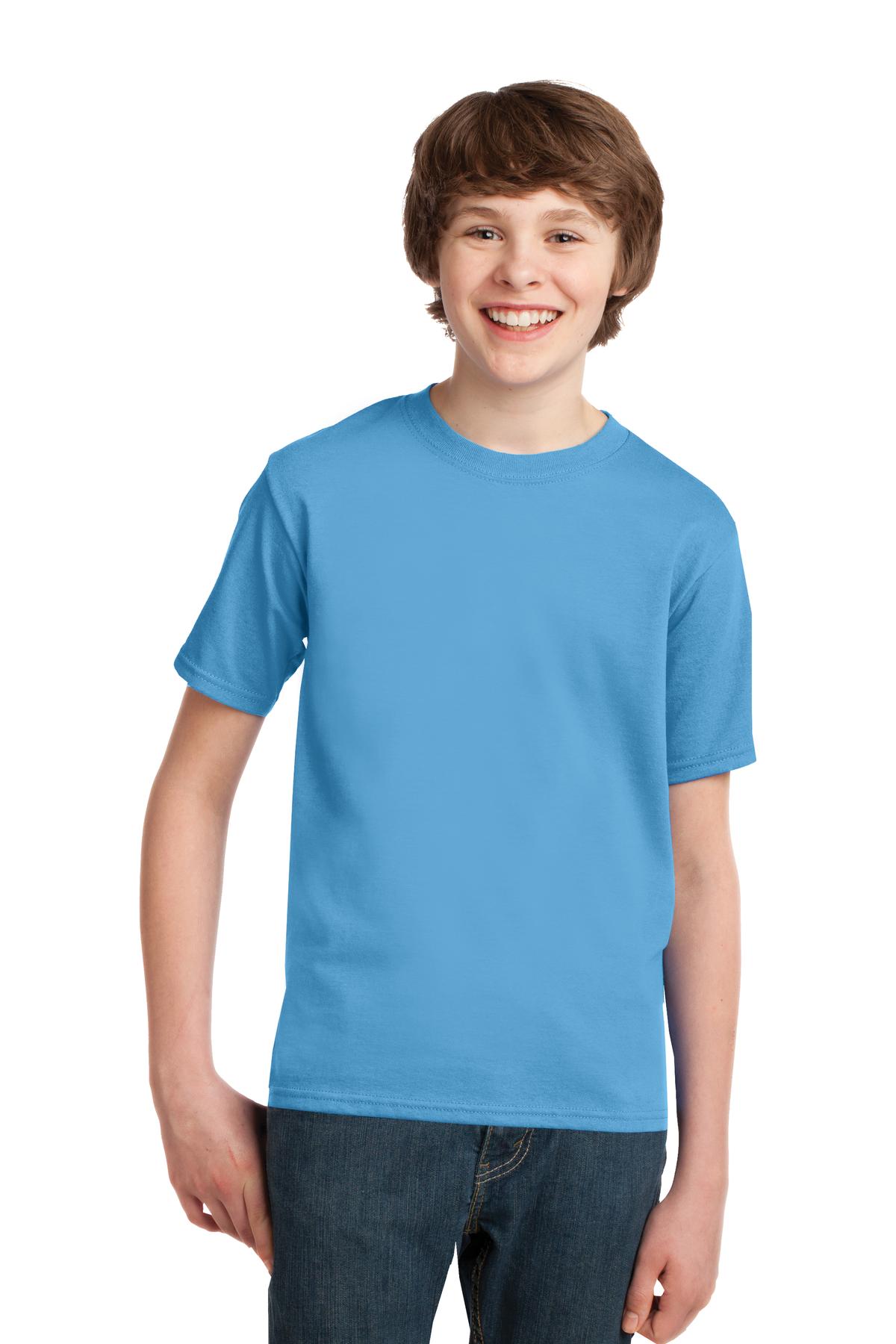Front View of Aquatic Blue Port & Co Youth Essential Tee. PC61Y  - XS