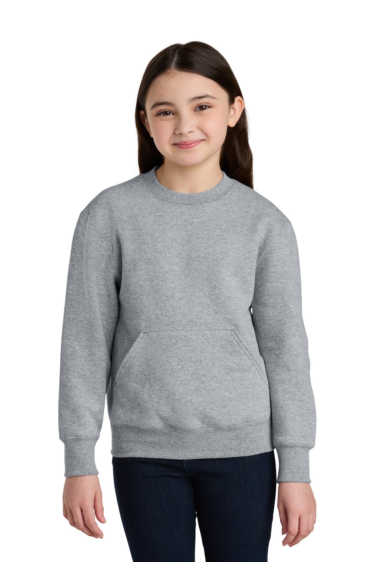 Front View of AthlHthr Port & Co Youth Core Fleece Crewneck Pocket Sweatshirt PC78YPKT  - XS