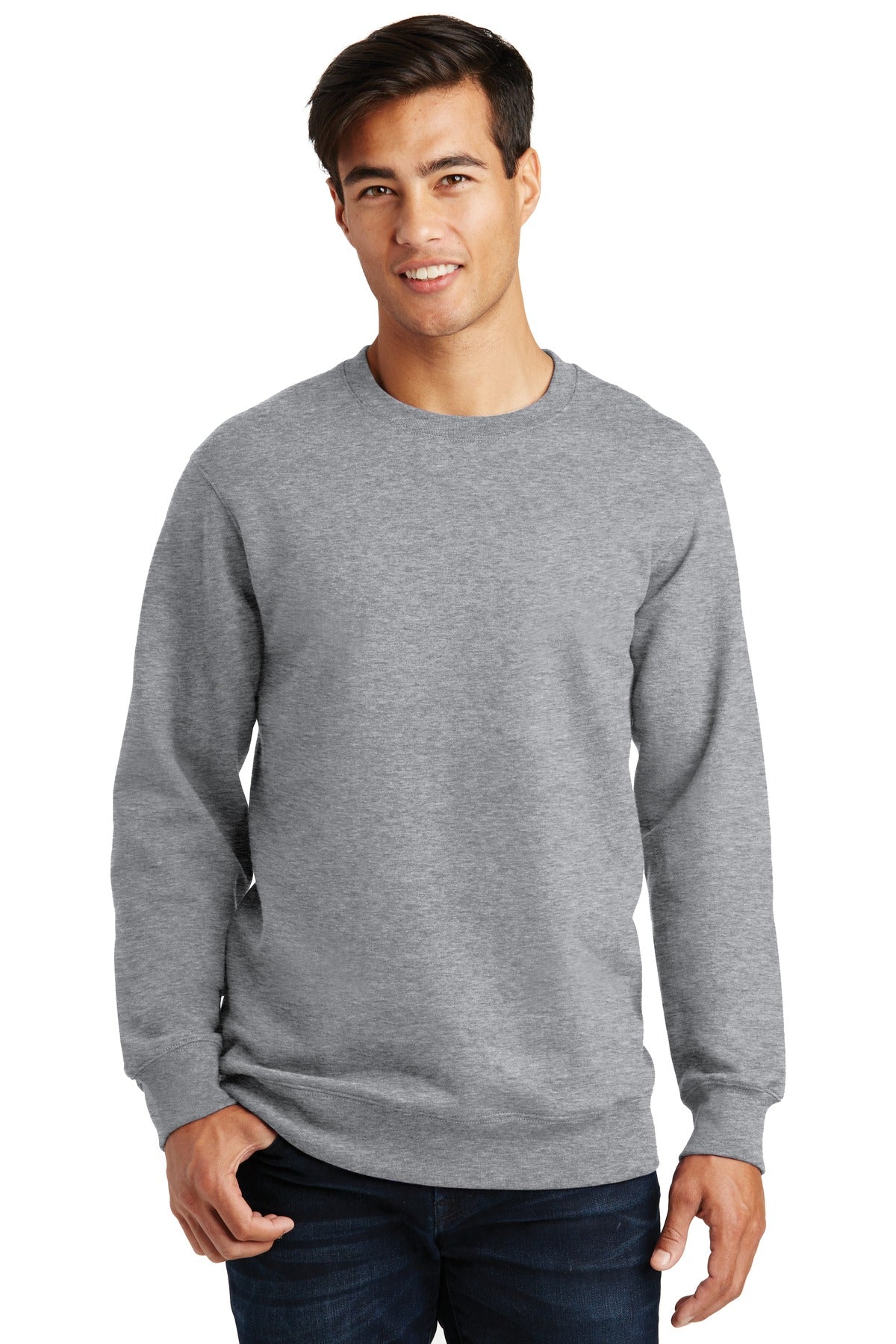 Front View of Athl Heather Port & Co Fan Favorite Fleece Crewneck Sweatshirt. PC850  - XS
