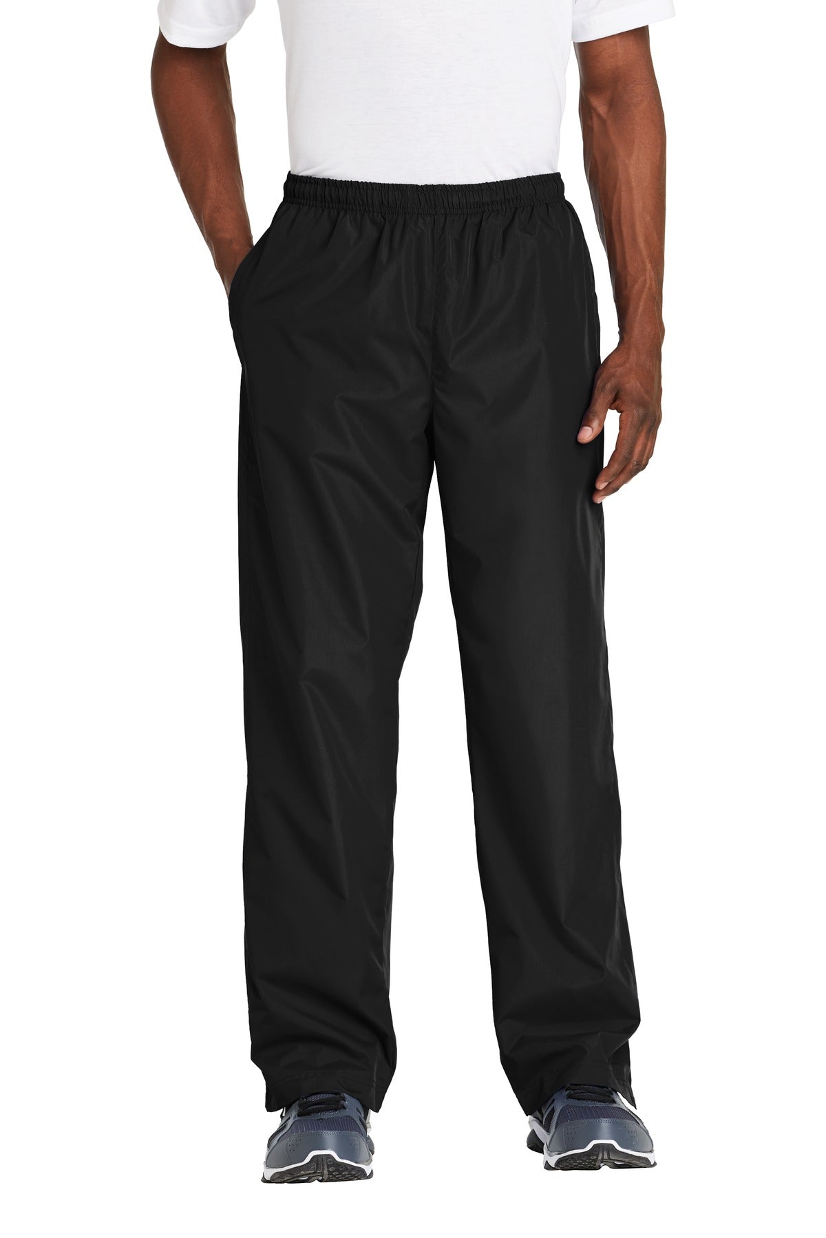 Front View of Black Sport-Tek Wind Pant. PST74  - XS