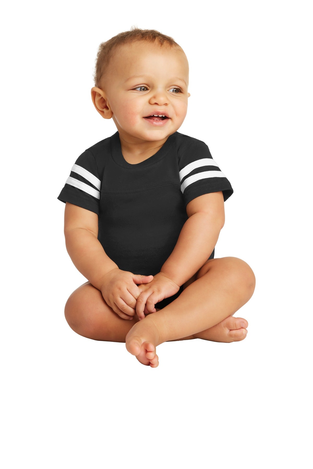 Front View of Black/White Rabbit Skins Infant Football Fine Jersey Bodysuit. RS4437  - 18M