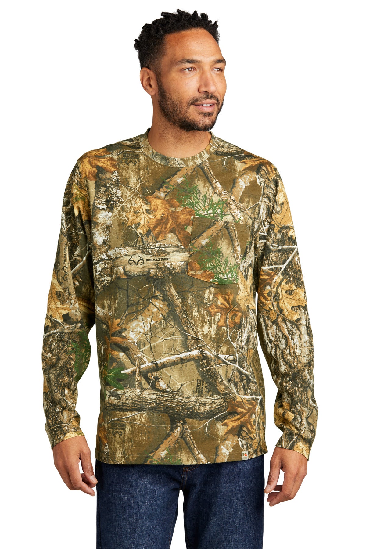 Front View of RTEdge Russell Outdoors Realtree Long Sleeve Pocket Tee RU100LSP  - XS