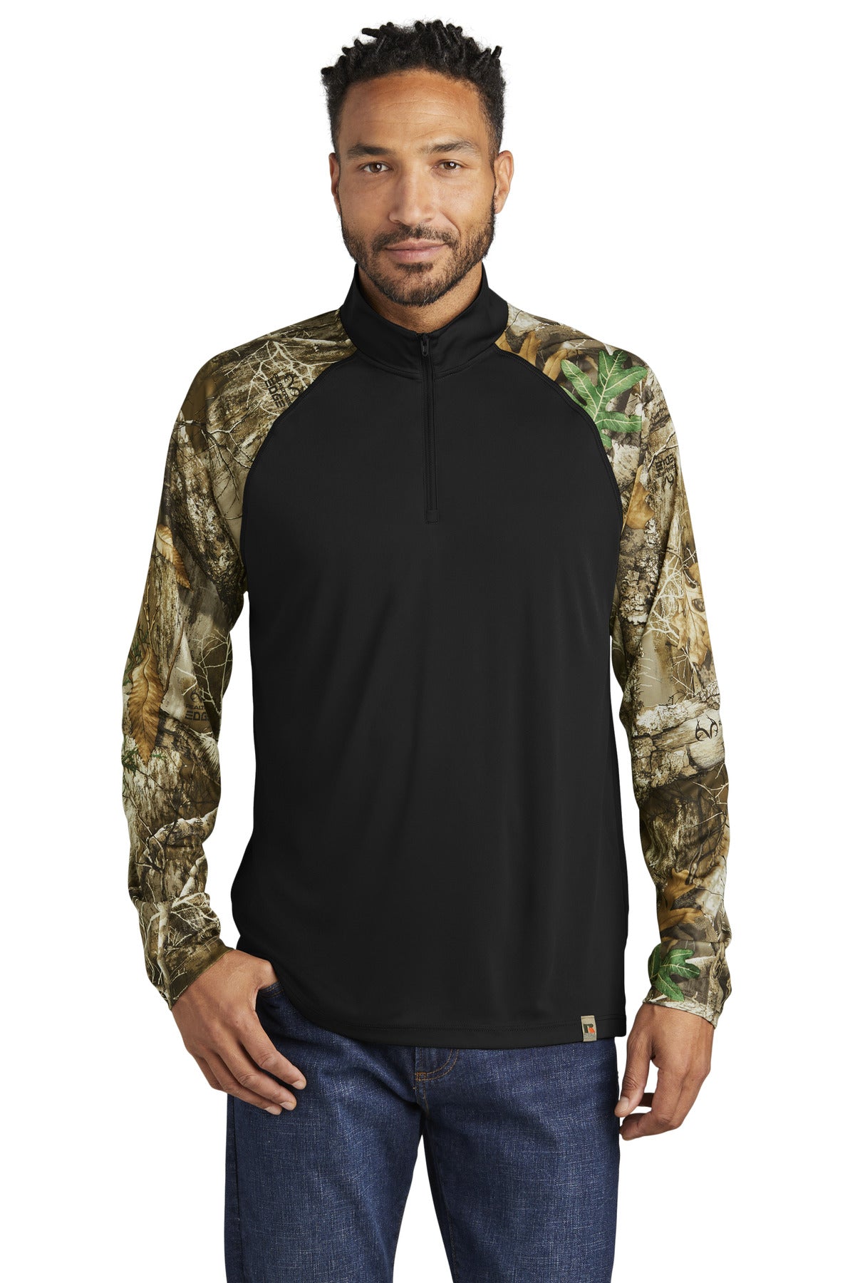 Front View of Blk/RTEdge Russell Outdoors Realtree Colorblock Performance 1/4-Zip RU152  - XS