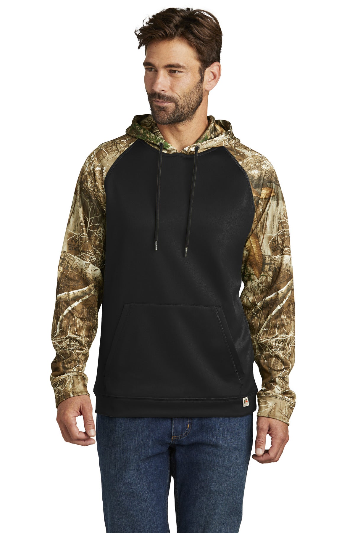 Front View of Blk/RTEdge Russell Outdoors Realtree Performance Colorblock Pullover Hoodie RU451  - XS