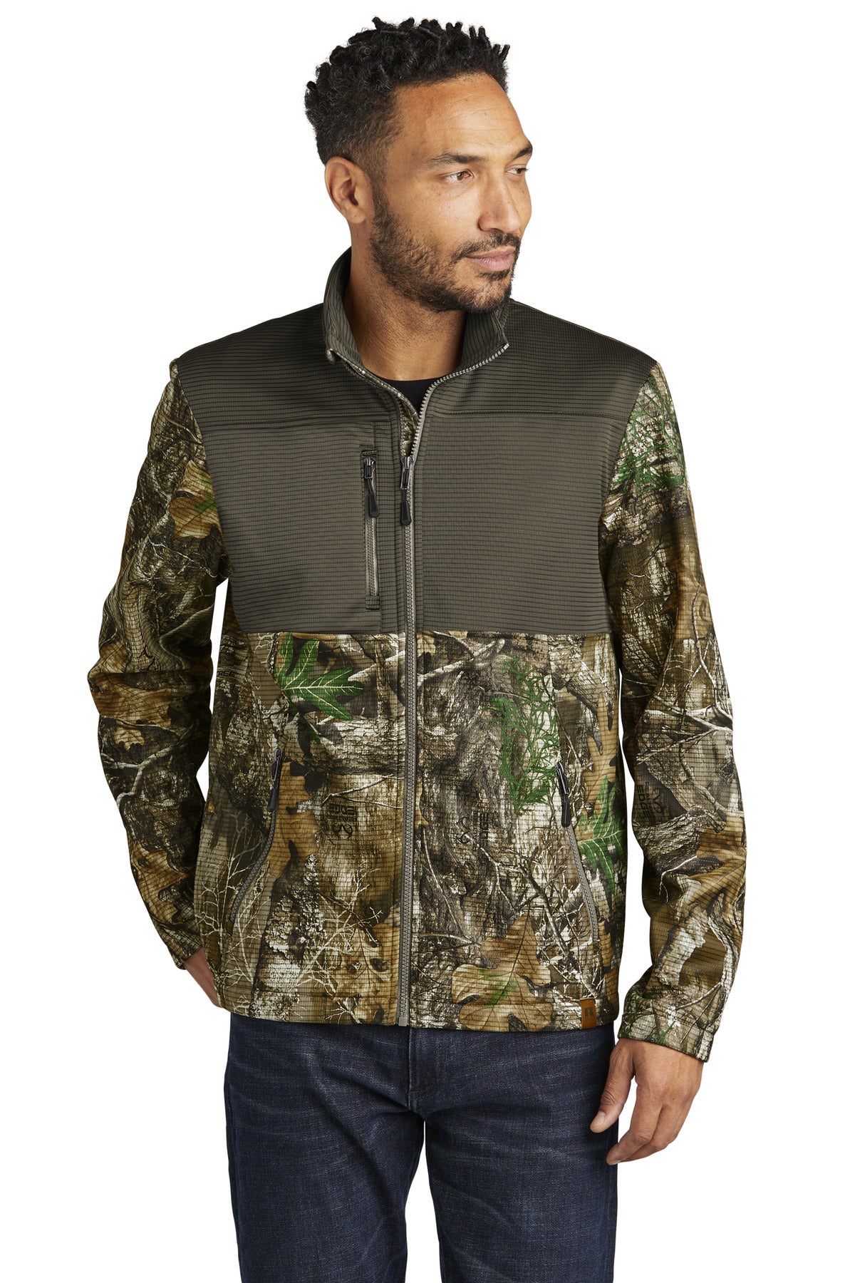 Front View of CrgBr/RTEd Russell Outdoors Realtree Atlas Colorblock Soft Shell RU601  - XS