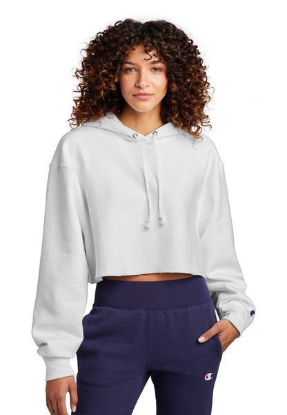 Front View of White Champion Women's Reverse Weave Cropped Cut-Off Hooded Sweatshirt RW01W  - XS
