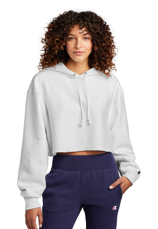 Front View of White Champion Women's Reverse Weave Cropped Cut-Off Hooded Sweatshirt RW01W  - XS