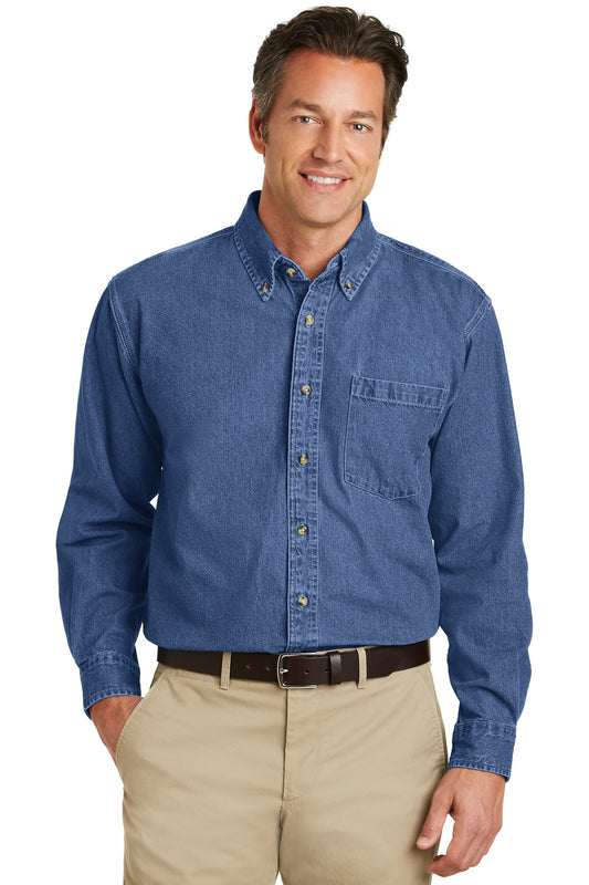 Front View of DkBlueStnwshd Port Authority Heavyweight Denim Shirt. S100  - XS