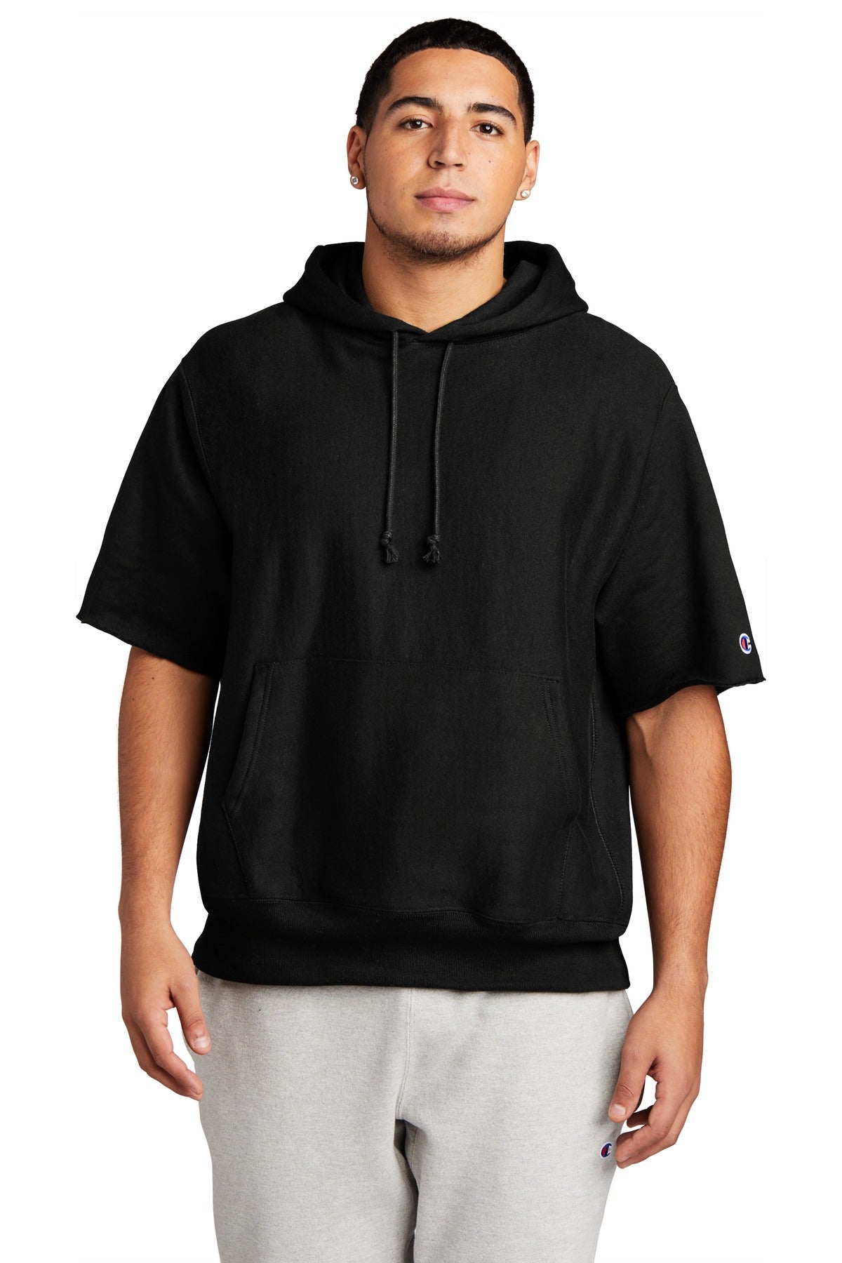 Front View of Black Champion Reverse Weave Short Sleeve Hooded Sweatshirt S101SS  - S
