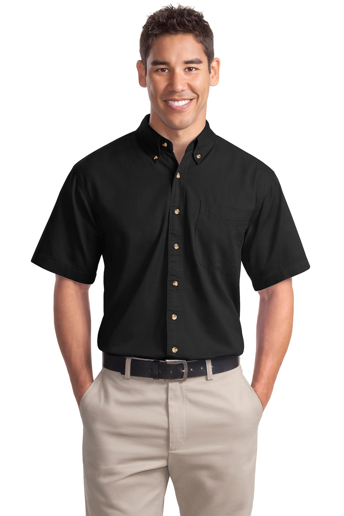 Front View of Black Port Authority Short Sleeve Twill Shirt. S500T  - XS