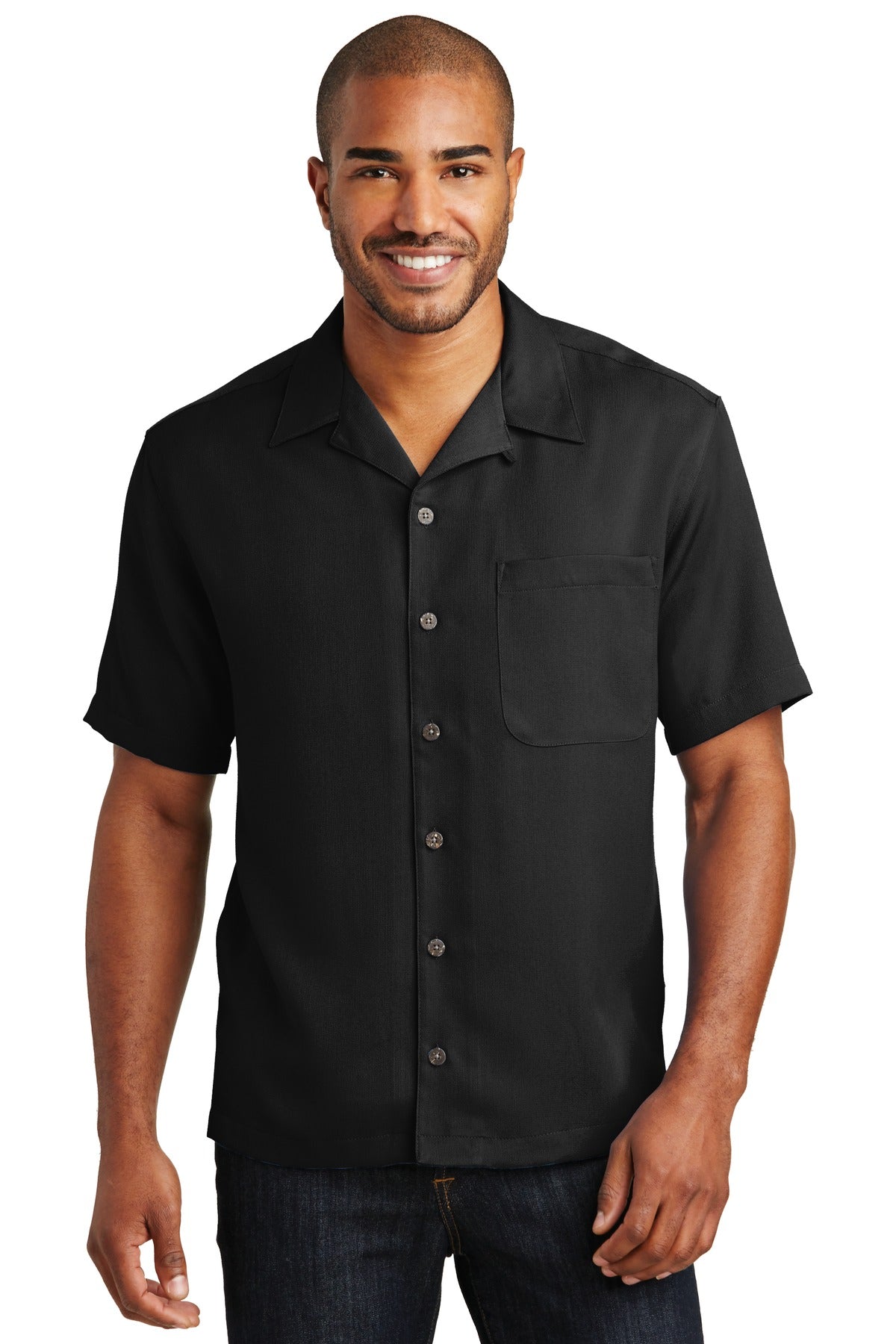 Front View of Black Port Authority Easy Care Camp Shirt. S535  - XS