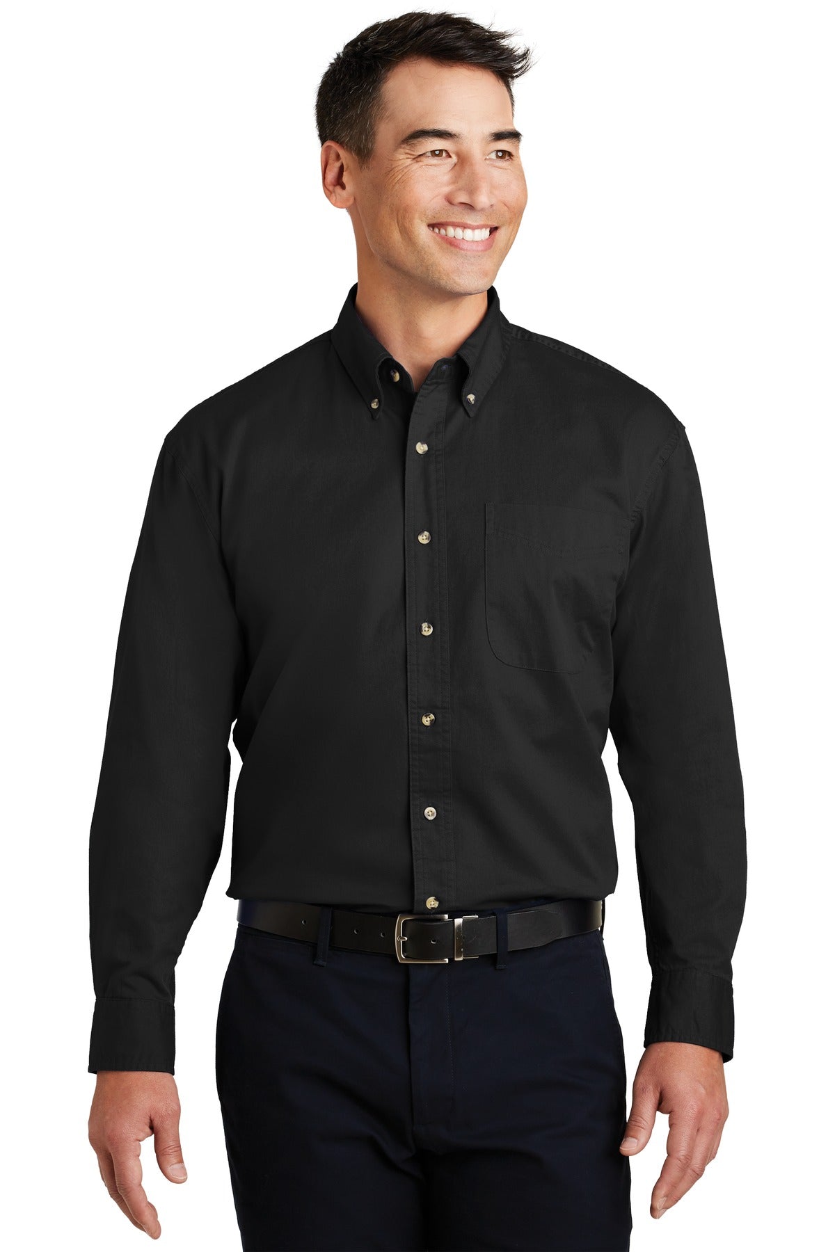Front View of Black Port Authority Long Sleeve Twill Shirt. S600T  - XS