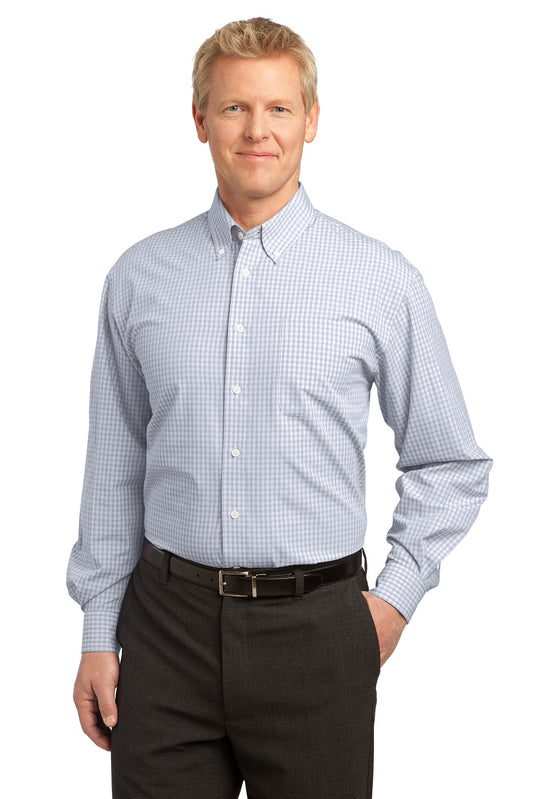 Front View of White Port Authority Plaid Pattern Easy Care Shirt. S639  - XS