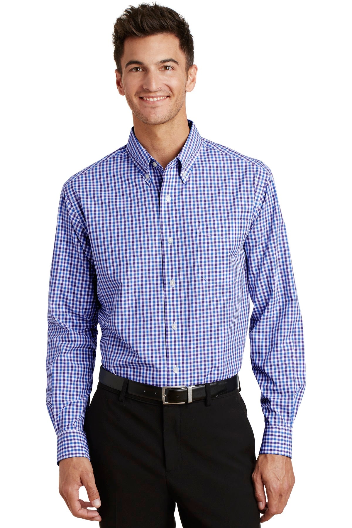 Front View of Blue/Purple Port Authority Long Sleeve Gingham Easy Care Shirt. S654  - XS