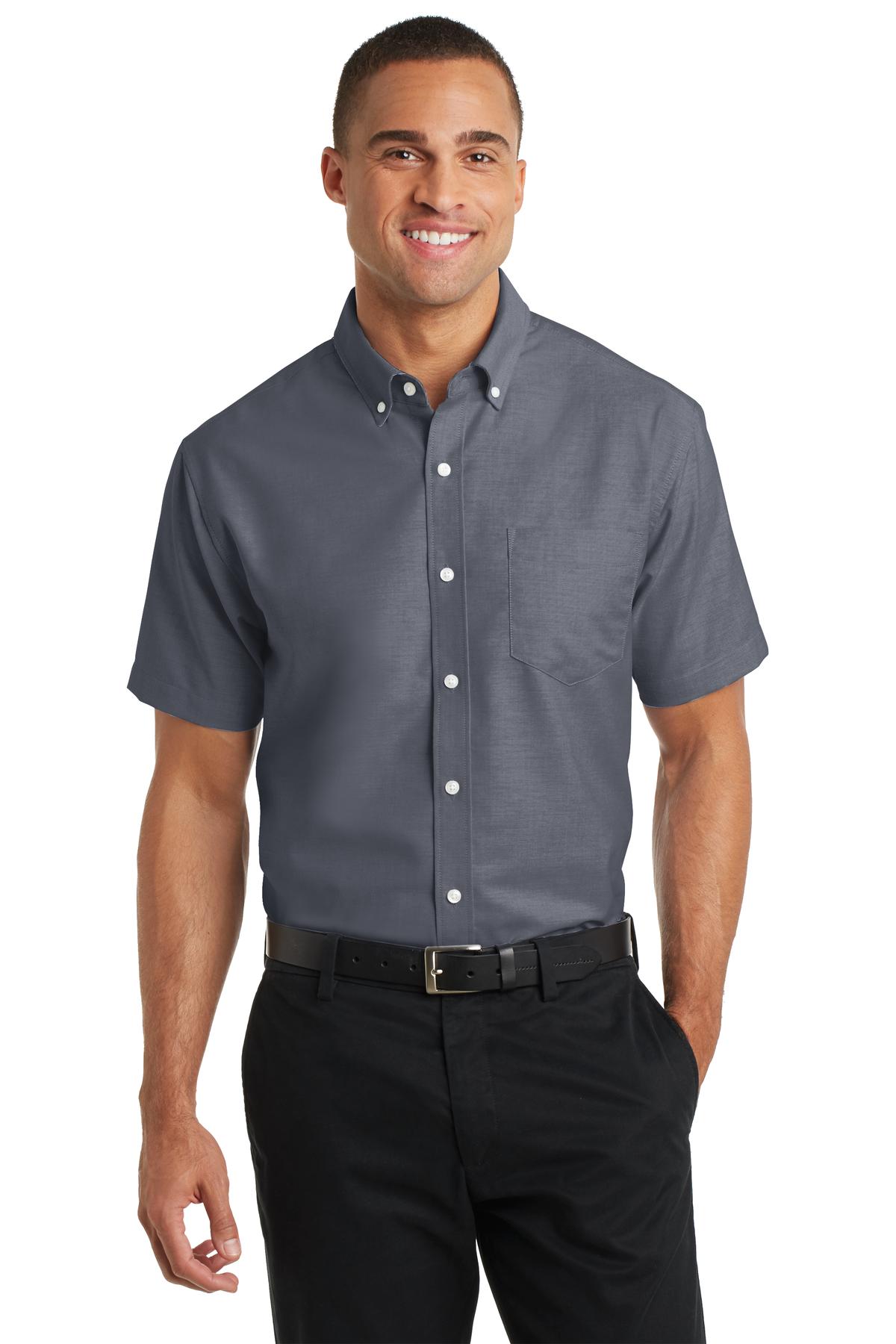 Front View of Black Port Authority Short Sleeve SuperPro Oxford Shirt. S659  - XS