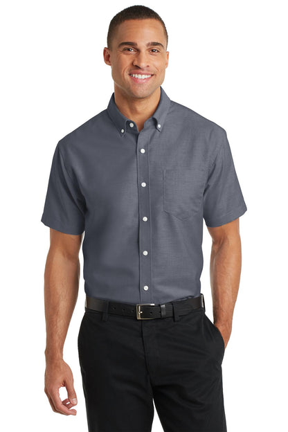Front View of Black Port Authority Short Sleeve SuperPro Oxford Shirt. S659  - XS