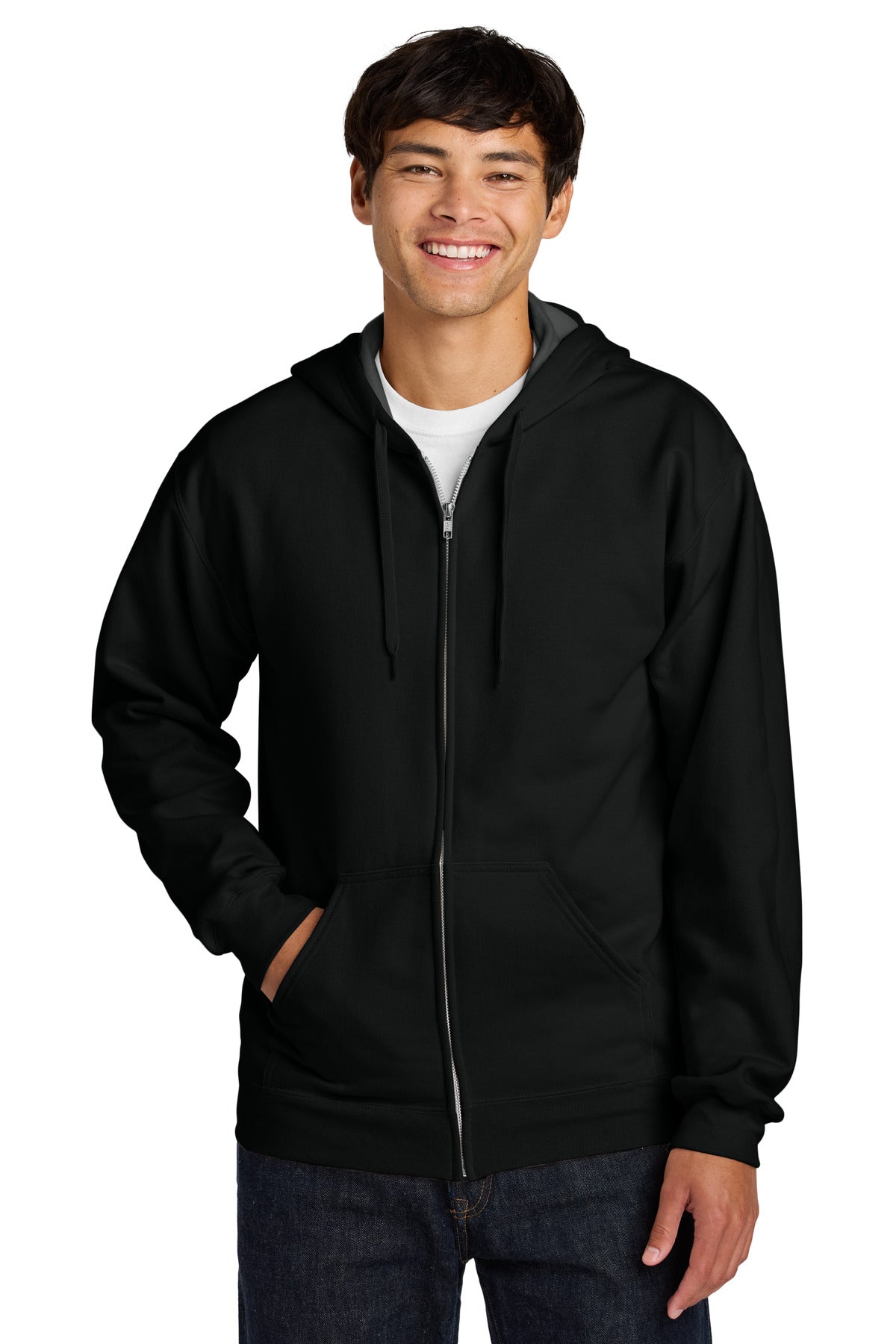 Front View of Black Gildan Softstyle Midweight Fleece Full-Zip Hooded Sweatshirt SF600  - S