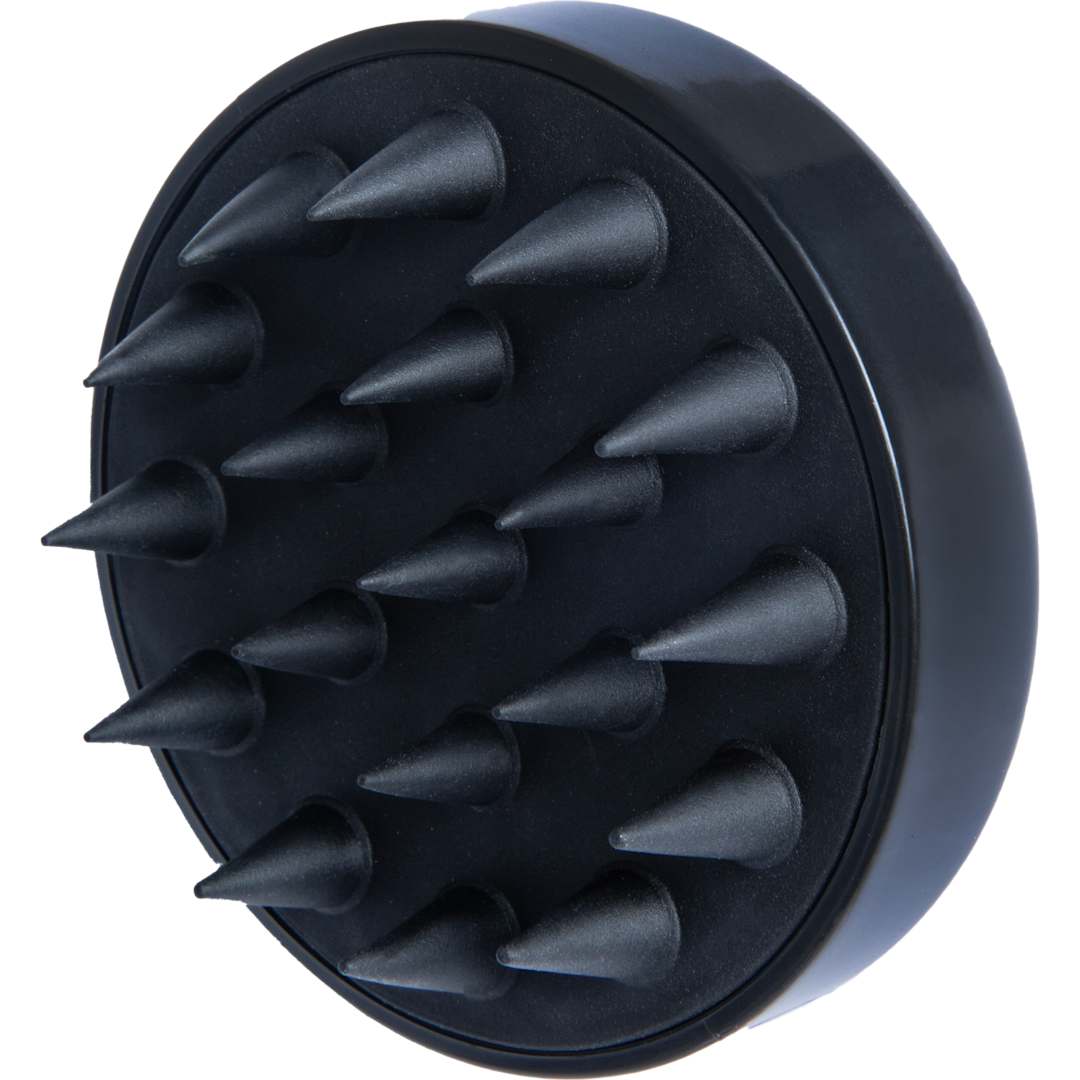 Front View of Black Recycled ABS Scalp and Shampoo Massager
