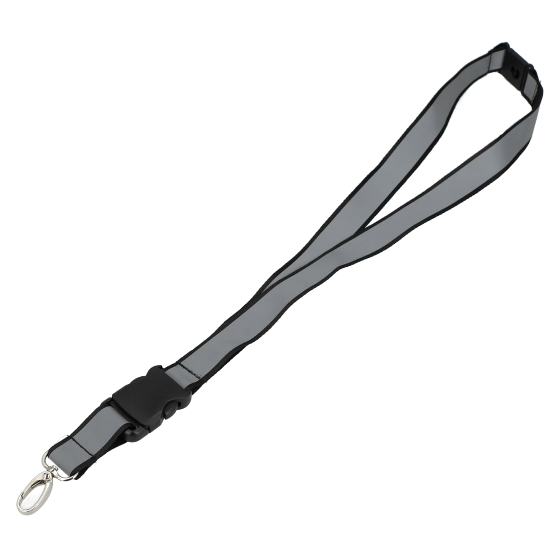 Front View of Black Recycled Polyester Reflective Lanyard