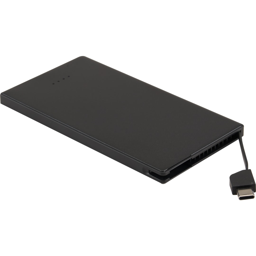 Front View of Black 4000 mAh Cable Keeper Power Bank with Type-C Tip