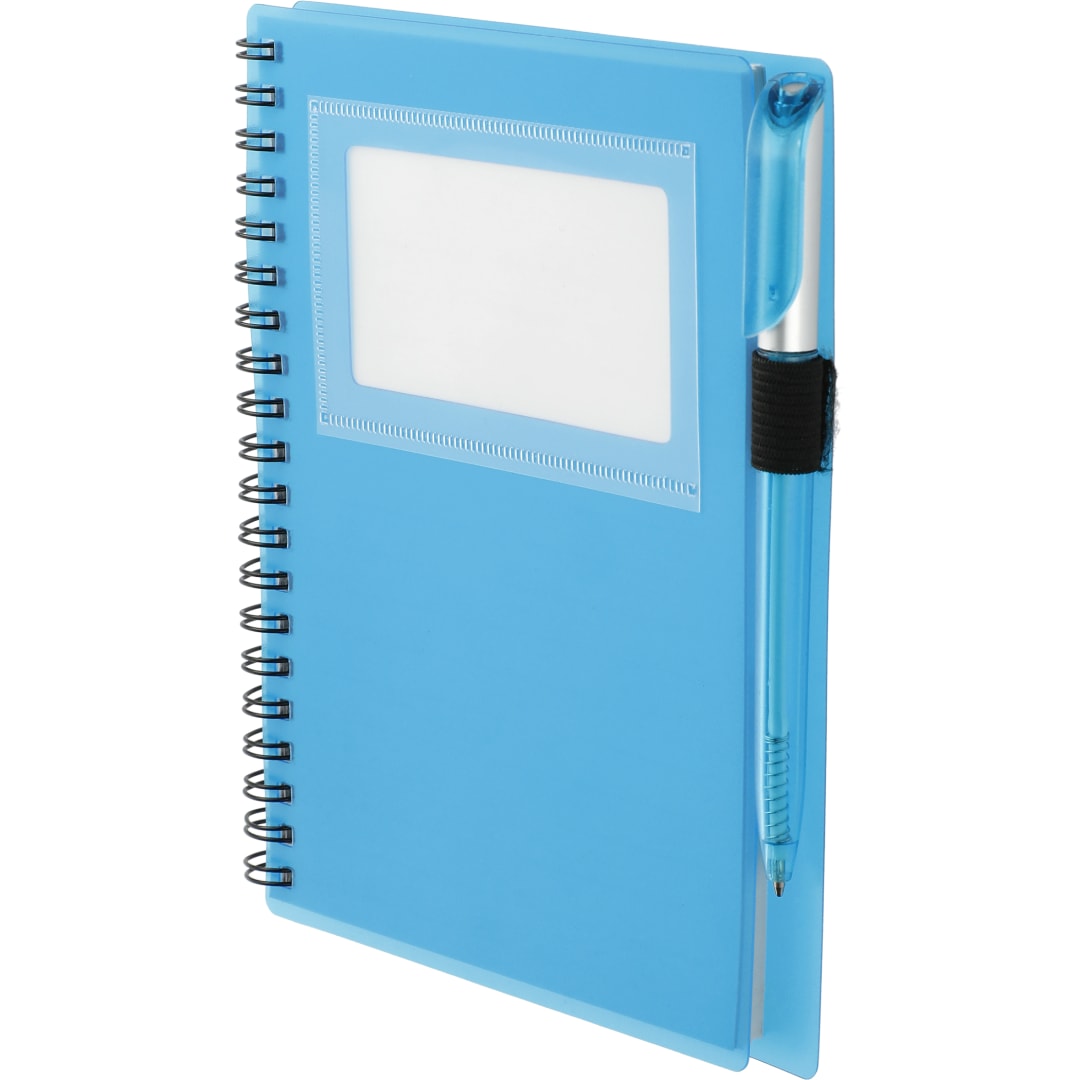 Front View of Black FSC® Mix 5.5" x 7" Star Spiral Notebook with Pen