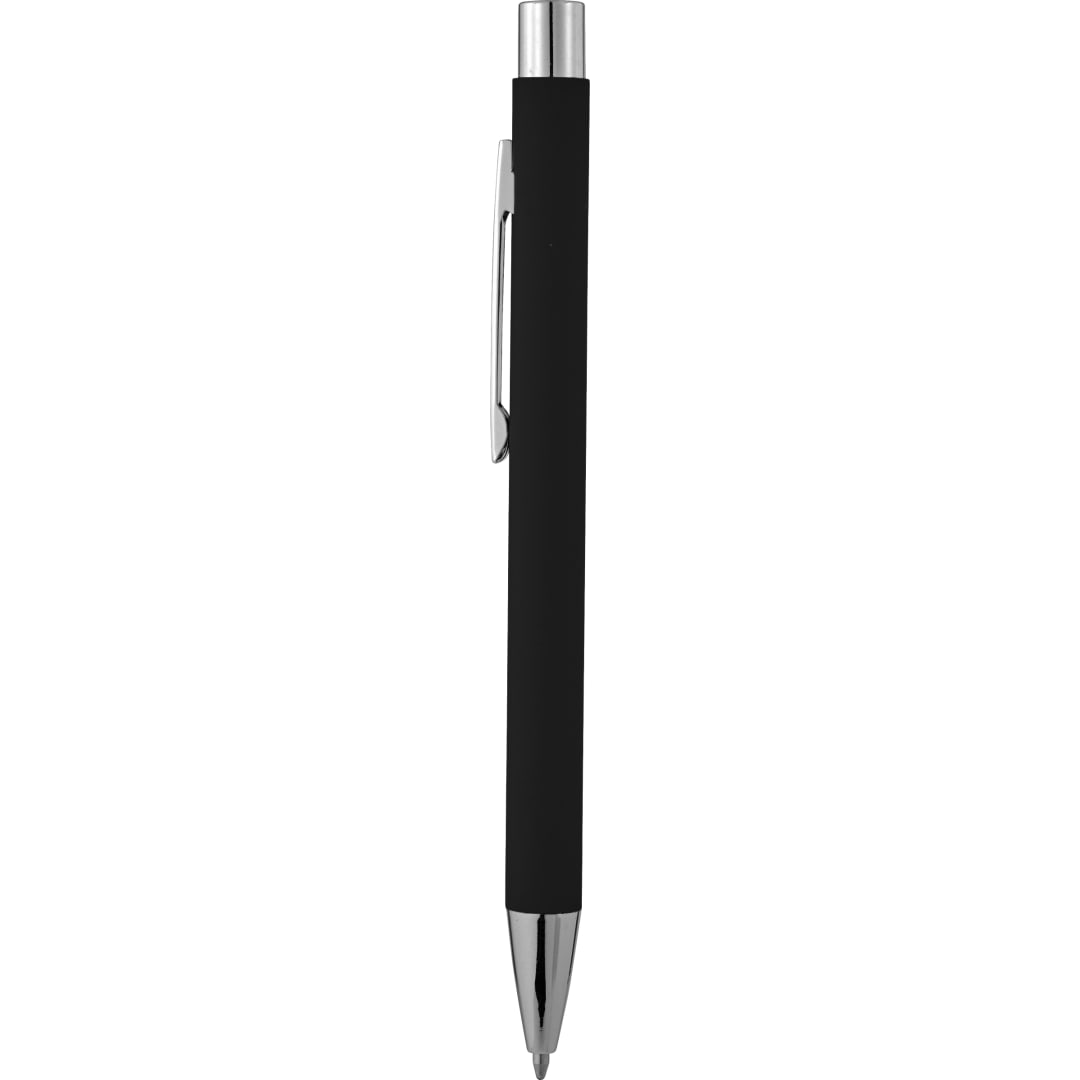 Front View of Black The Maven Soft Touch Metal Pen