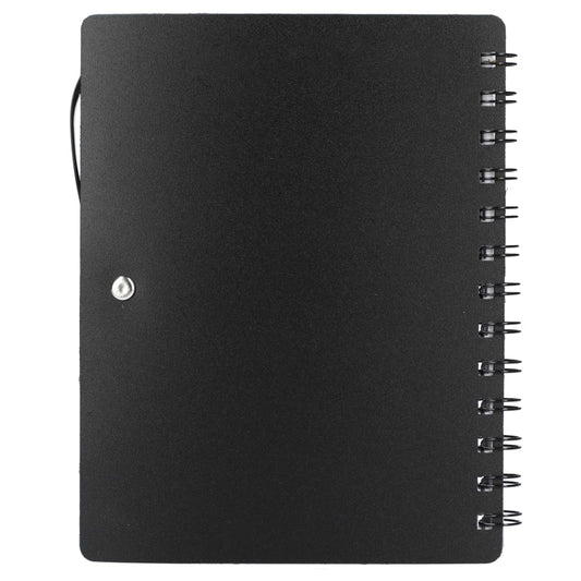 Front View of Black 5" x 7" Recycled Dual Pocket Spiral Notebook w Pen