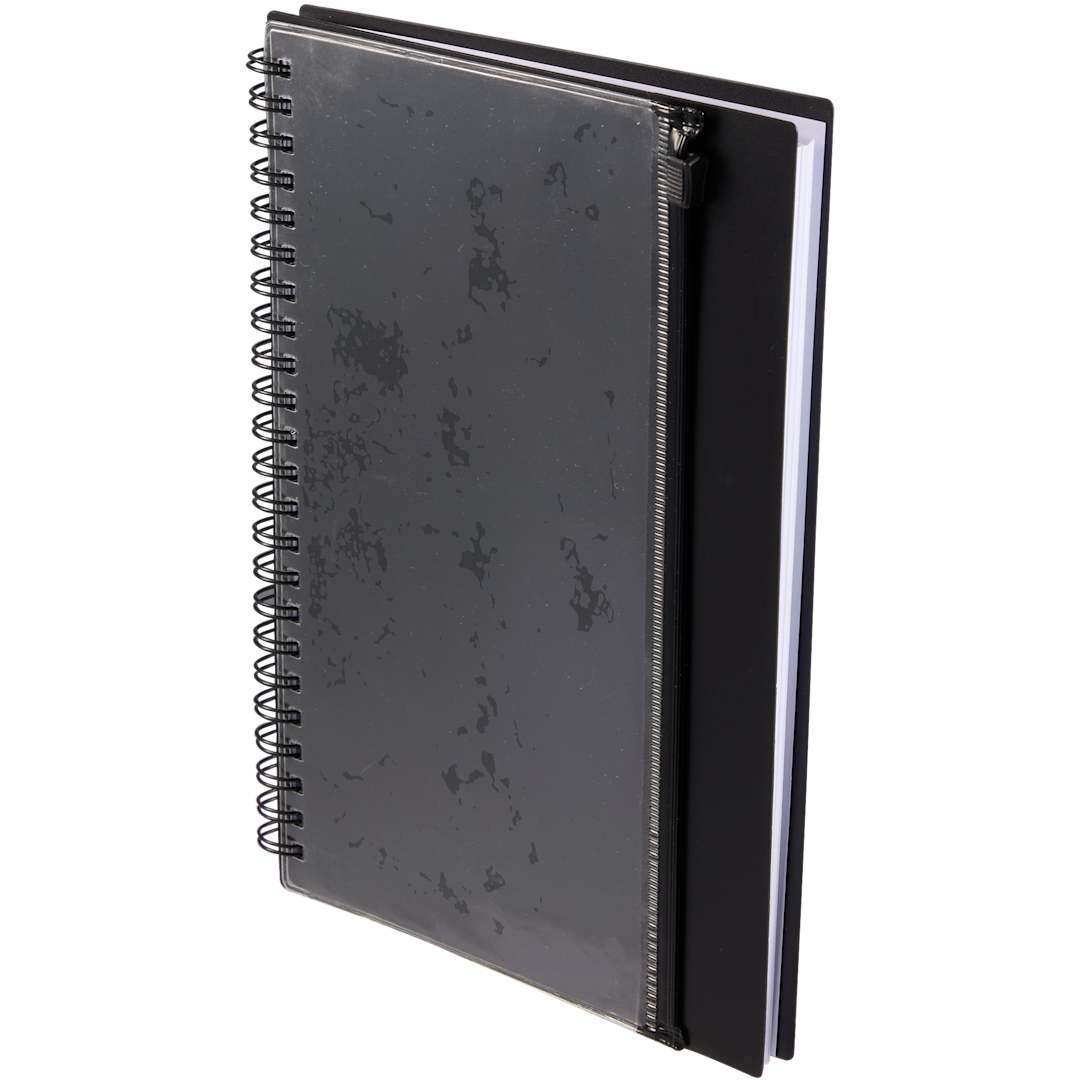 Front View of Black 5.5" x 8.5" Spiral Notebook with Clear Pocket