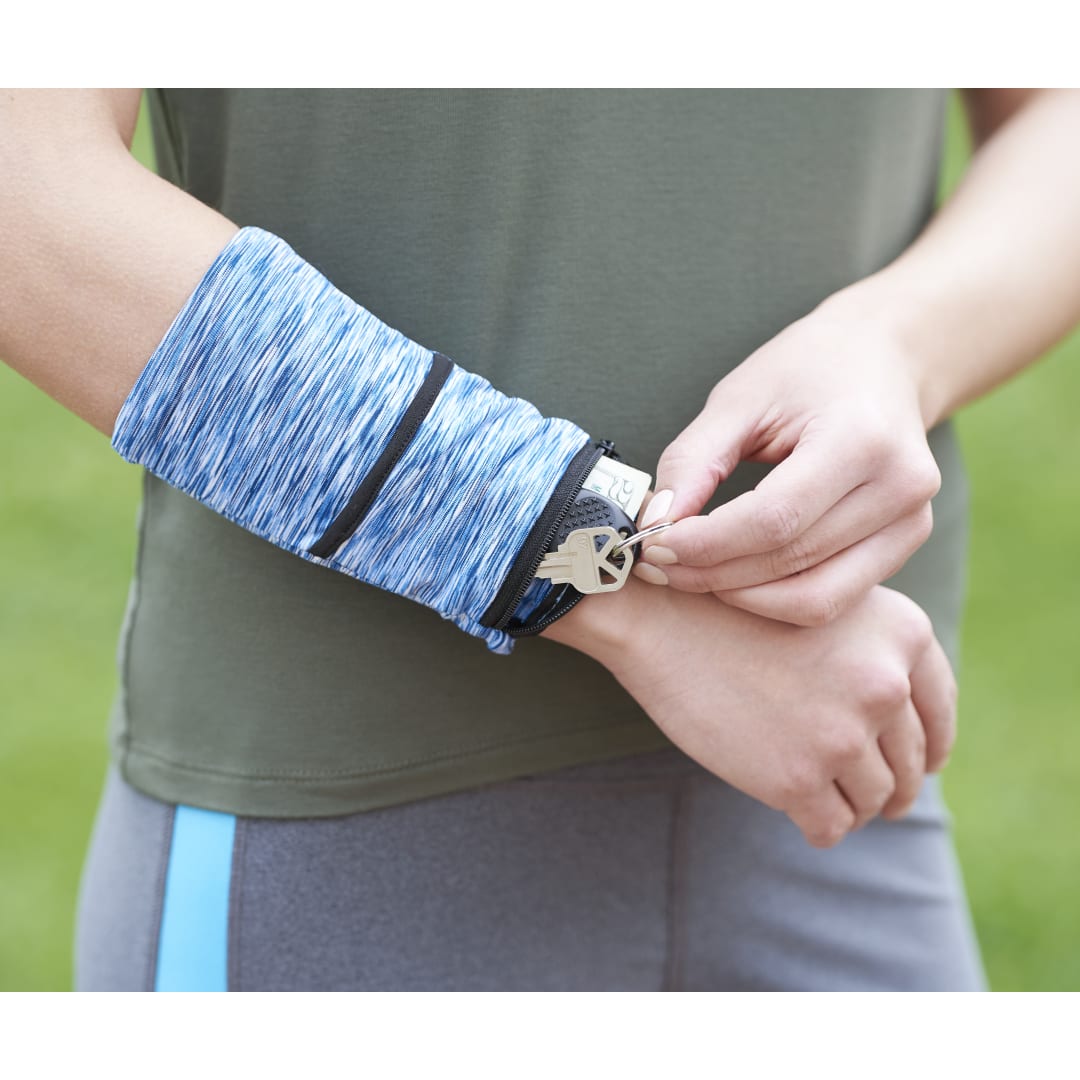 Front View of Blue Cooling Heathered Wrist Band with Pocket