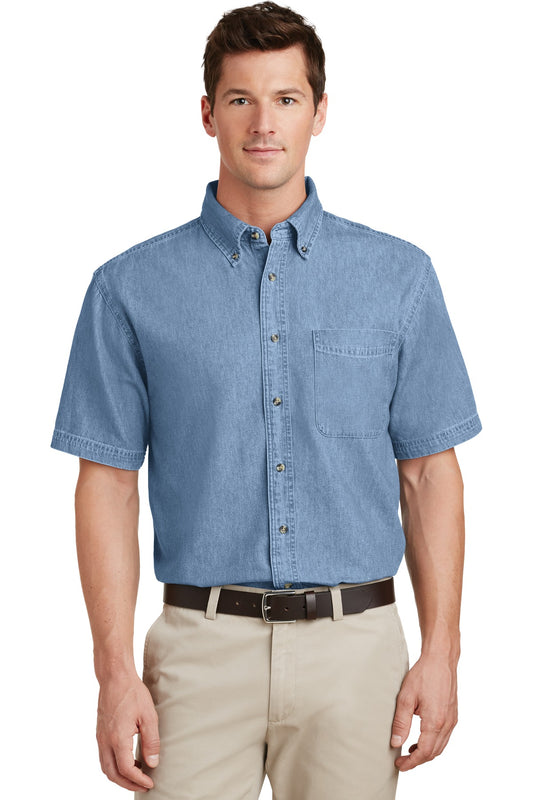 Front View of Faded Blue Port & Co Short Sleeve Value Denim Shirt. SP11  - XS