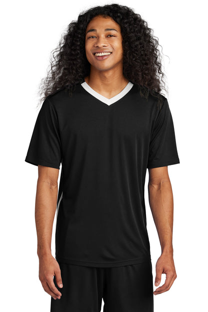 Front View of Blk/White Sport-Tek Competitor United V-Neck ST101  - XS